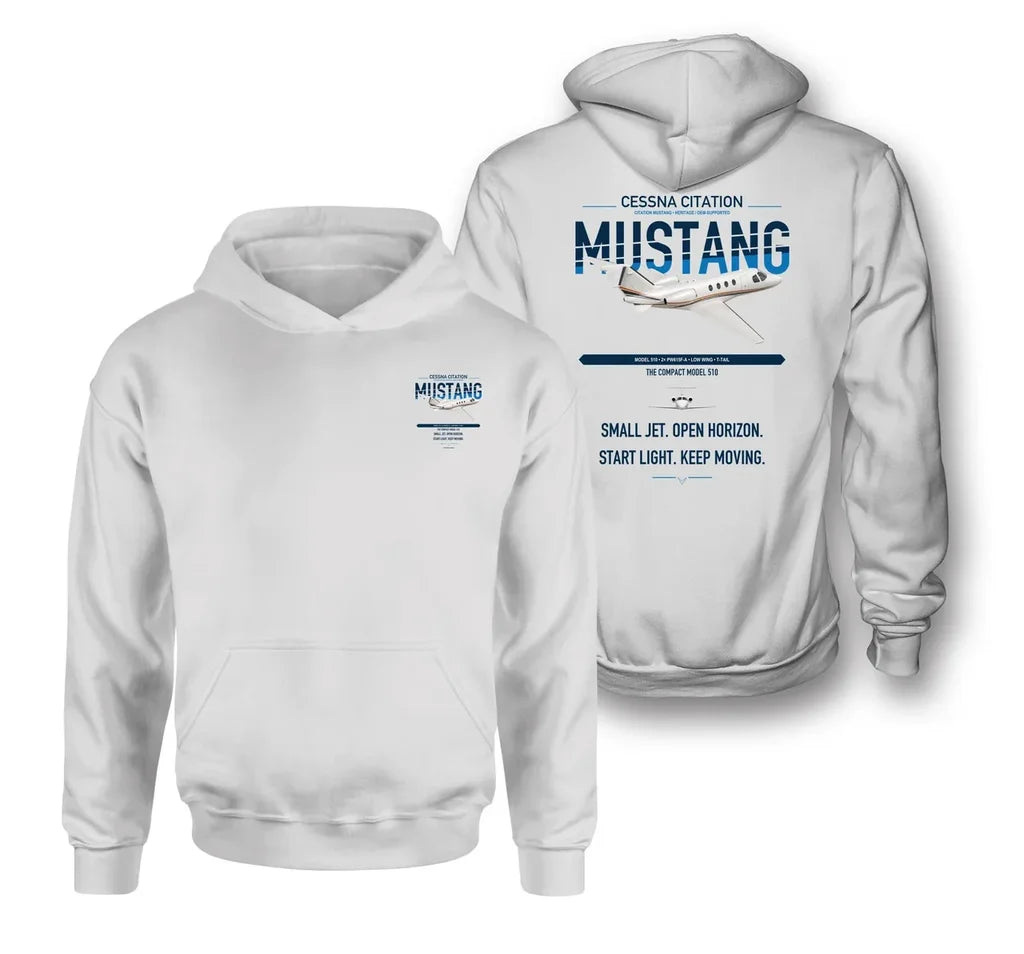 Cessna Citation Mustang design on white double-side hoodie, double-side print