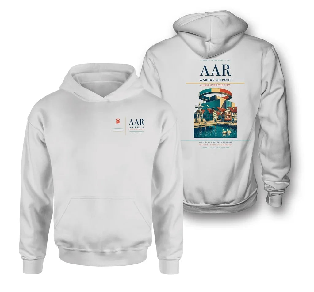 Aarhus Airport (AAR) design on white double-side hoodie