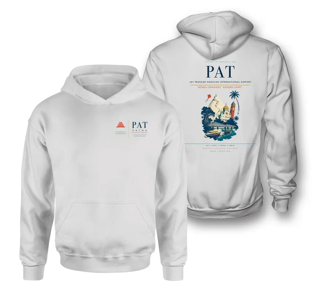 Jay Prakash Narayan International Airport (PAT) design on white double-side hoodie