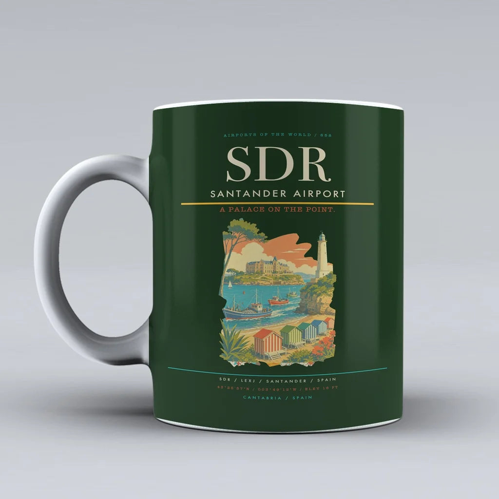 Santander Airport (SDR) airport code design on dark green ceramic mug