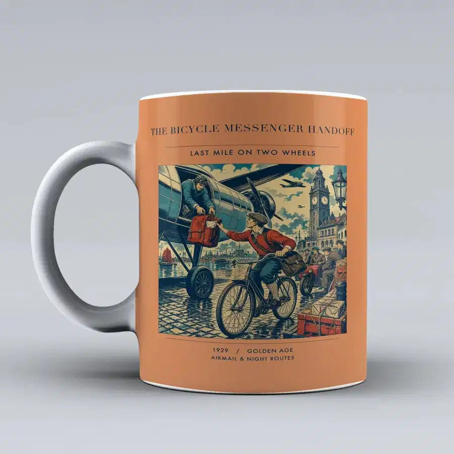 VINTAGE G4311 - The Bicycle Messenger Handoff - Ceramic Mug design on orange