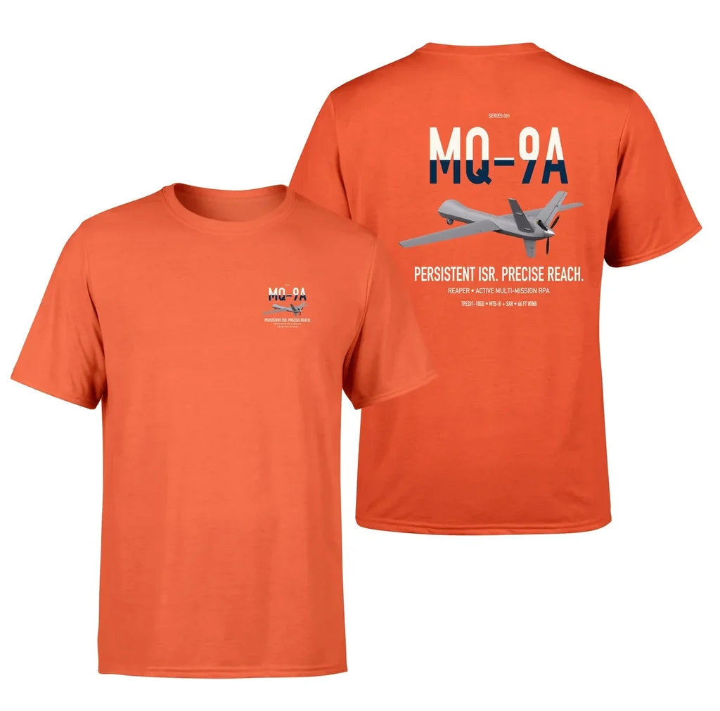 MQ-9A Reaper design on orange double-side t-shirt, double-side print
