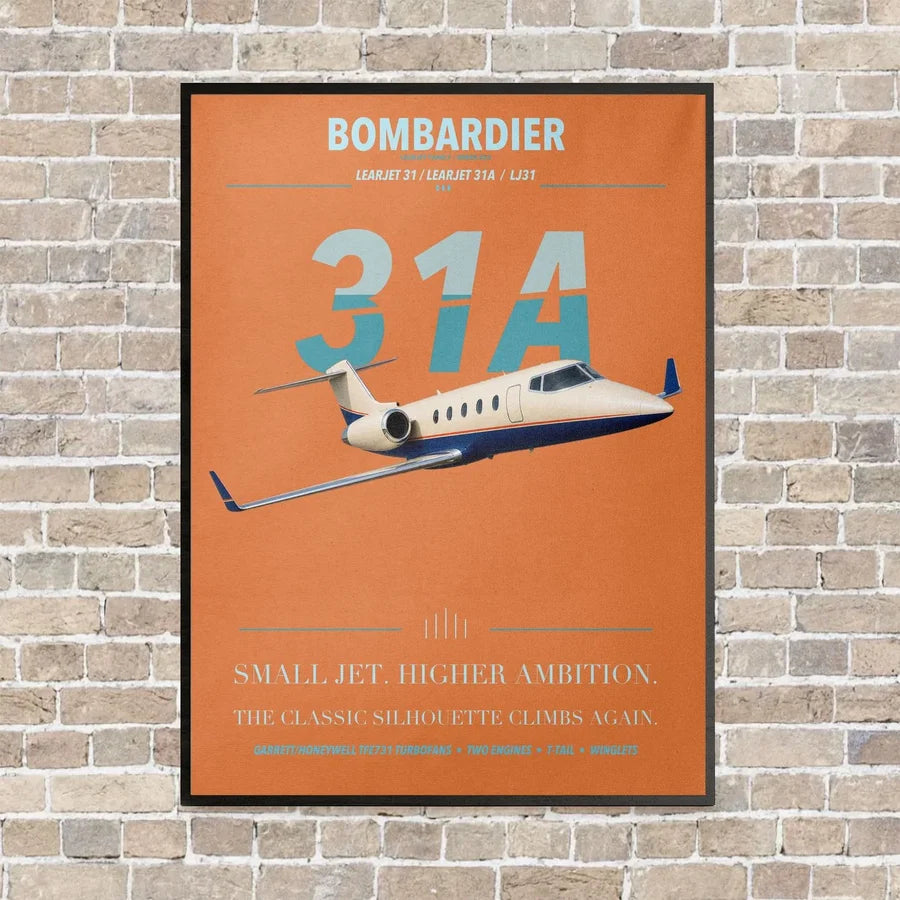 Bombardier Learjet 31A vertical canvas print - framed - orange background