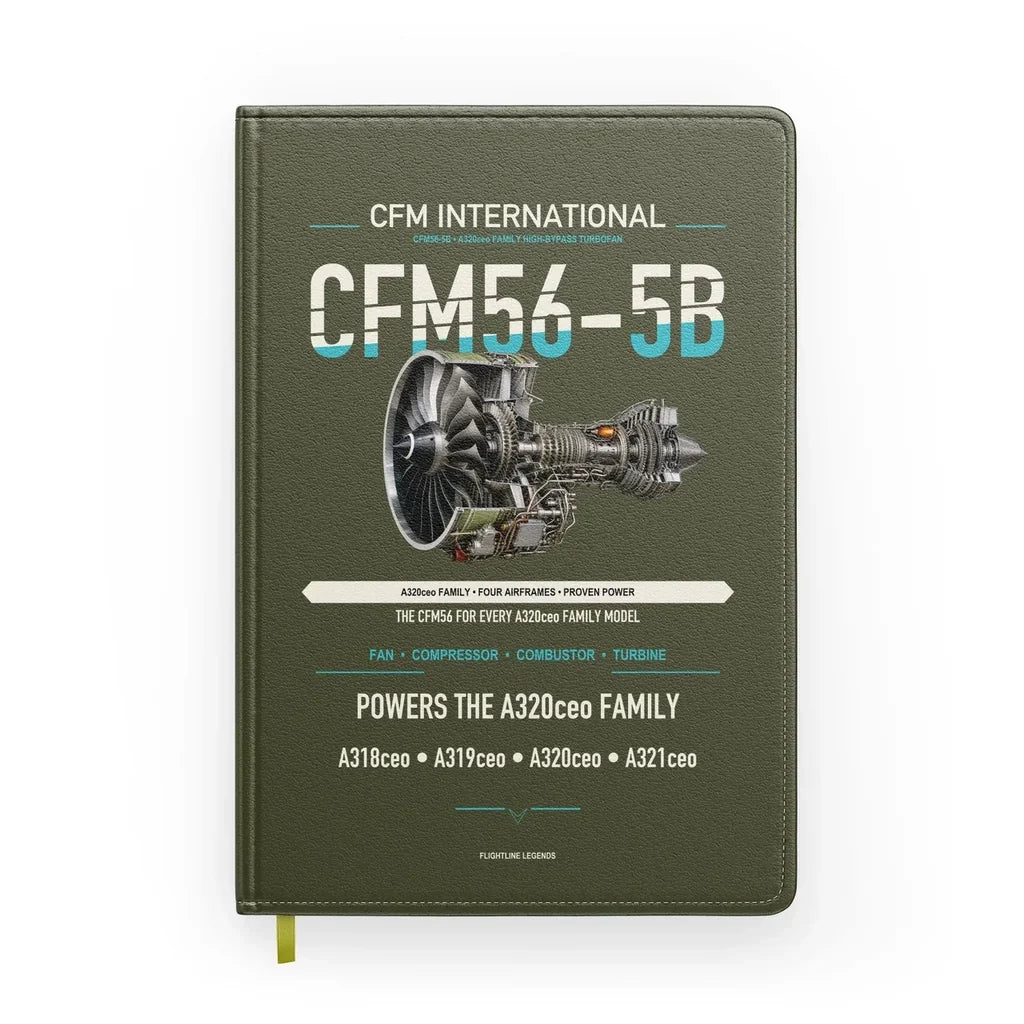 CFM56-5B design on green army notebook