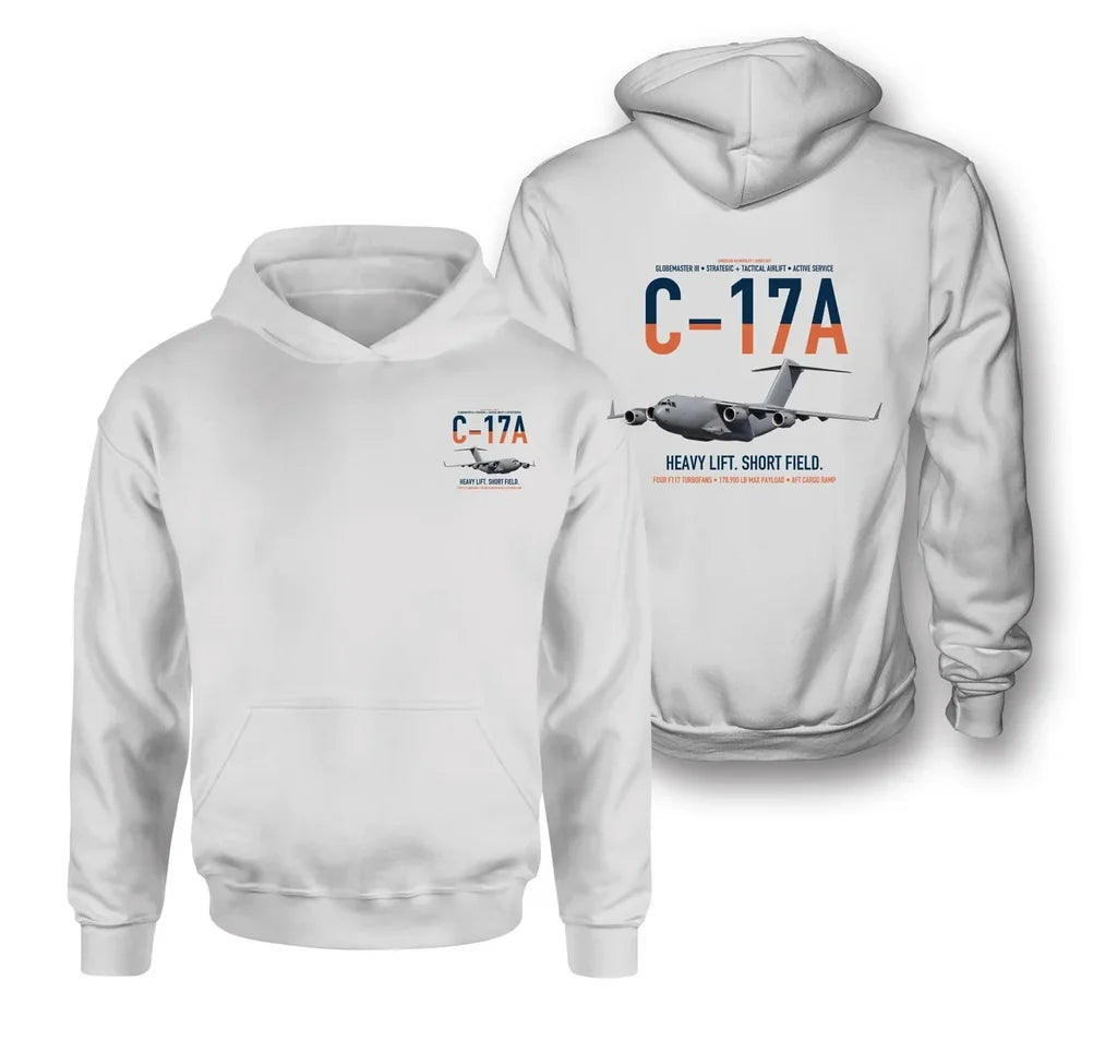 C-17A Globemaster III design on white double-side hoodie, double-side print