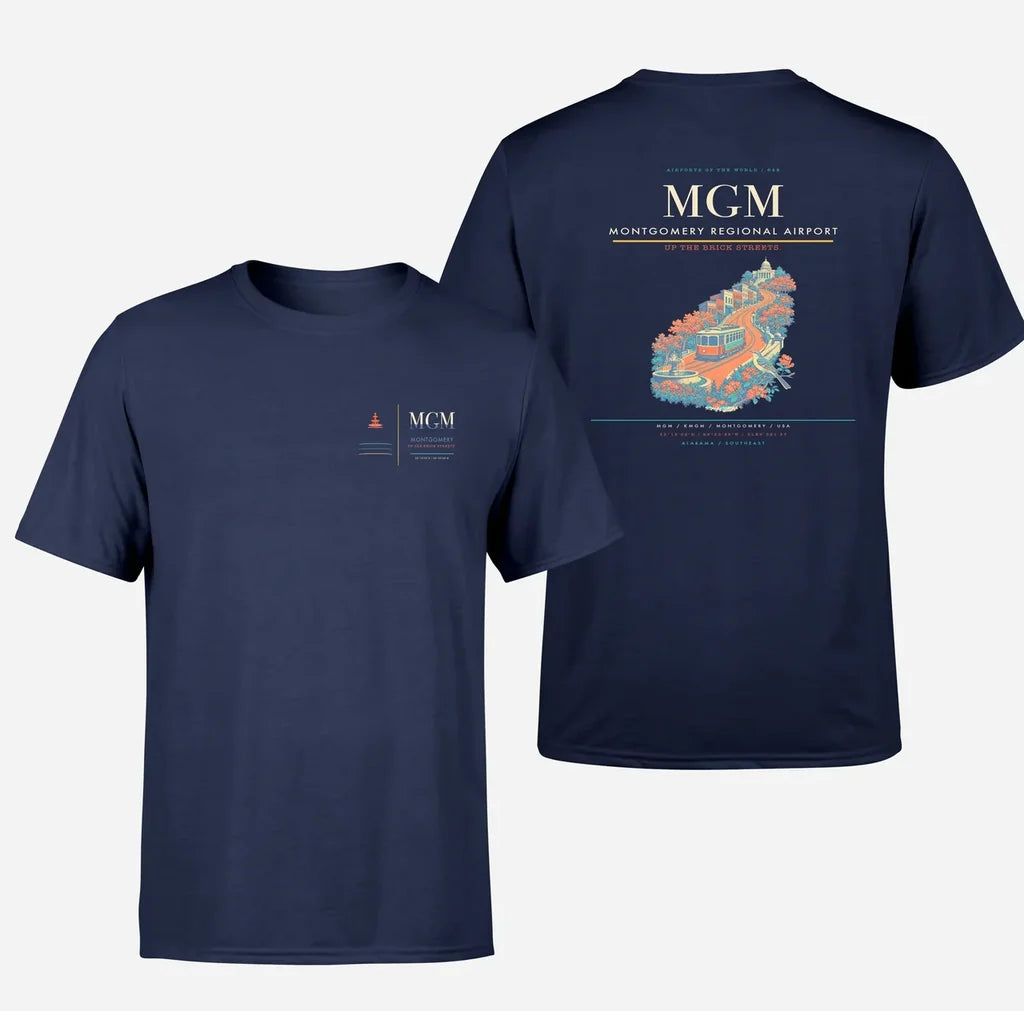 Montgomery Regional Airport (MGM) design printed on navy blue double-side t-shirt