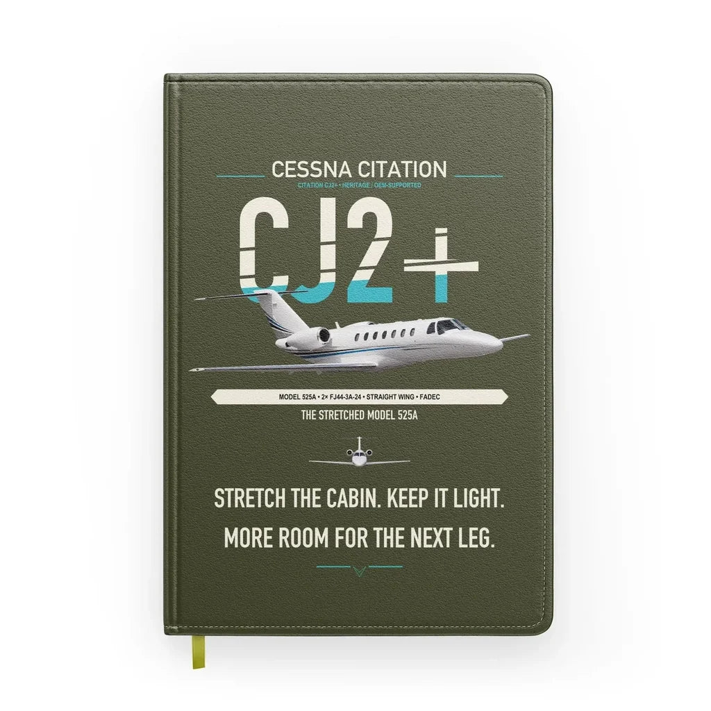 Cessna Citation CJ2+ design on green army notebook
