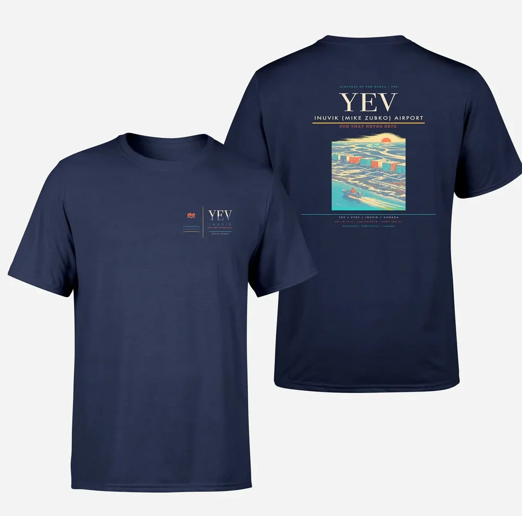 Inuvik (Mike Zubko) Airport (YEV) design printed on navy blue double-side t-shirt