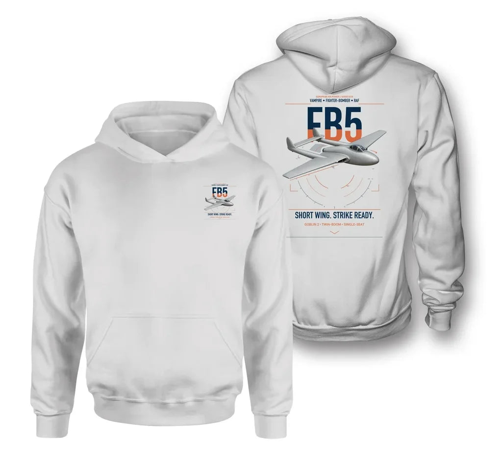 de Havilland Vampire FB5 design on white double-side hoodie, double-side print