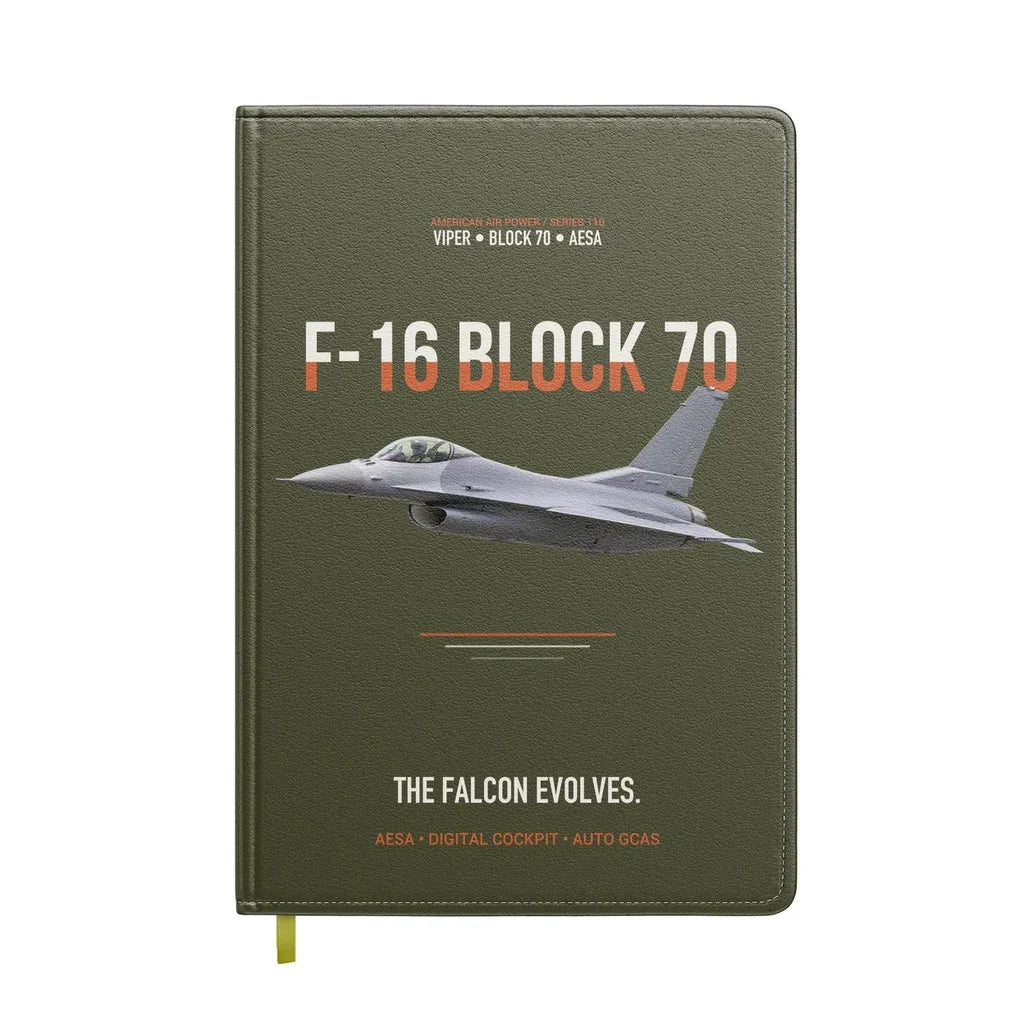 F-16 Block 70 The Falcon Evolves design on green army notebook