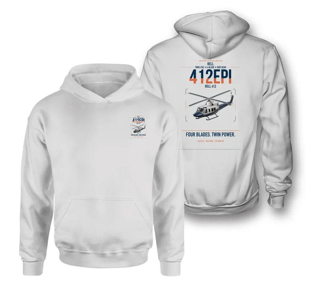 Bell 412EPI design on white double-side hoodie, double-side print