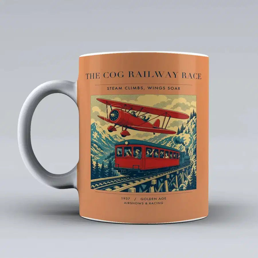 VINTAGE G4347 - The Cog Railway Race - Ceramic Mug design on orange