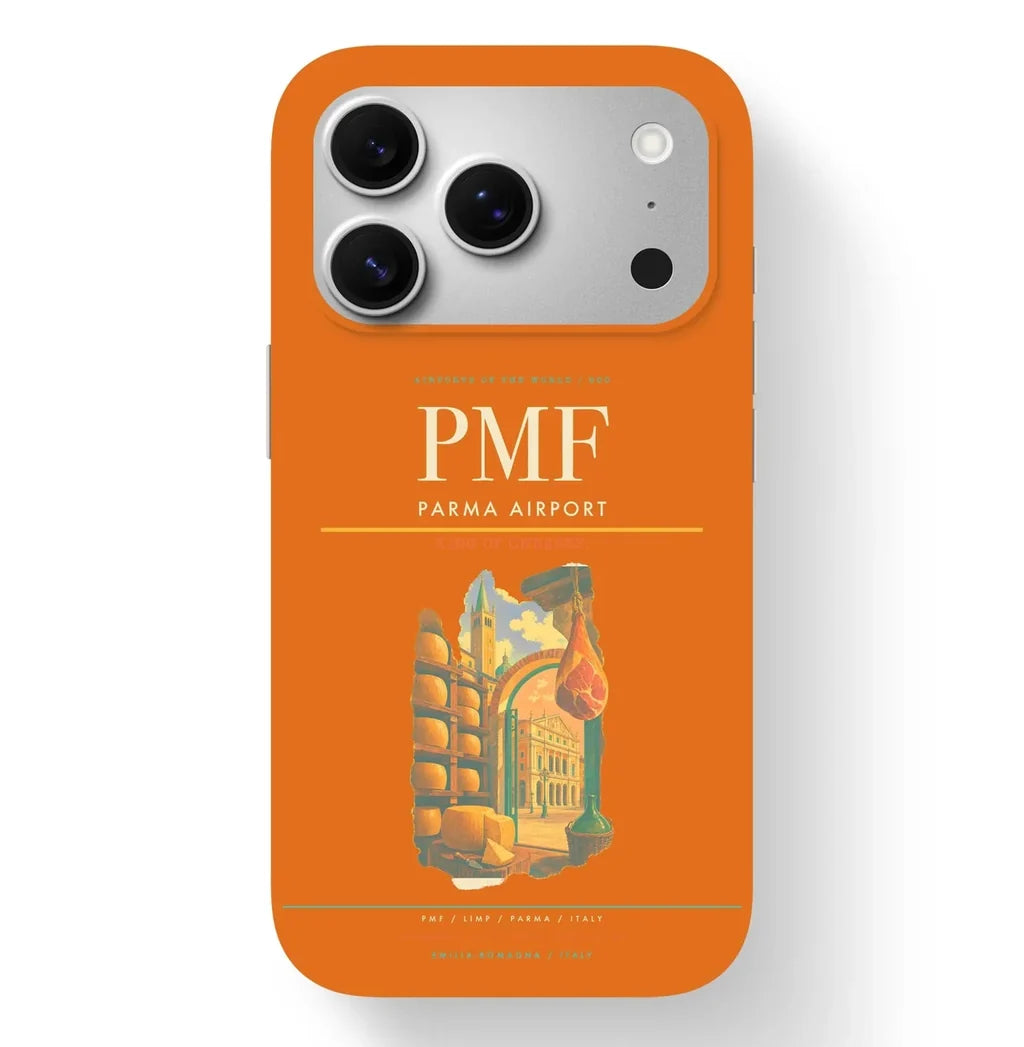 Parma Airport (PMF) design on orange iPhone 17 Pro MagSafe case