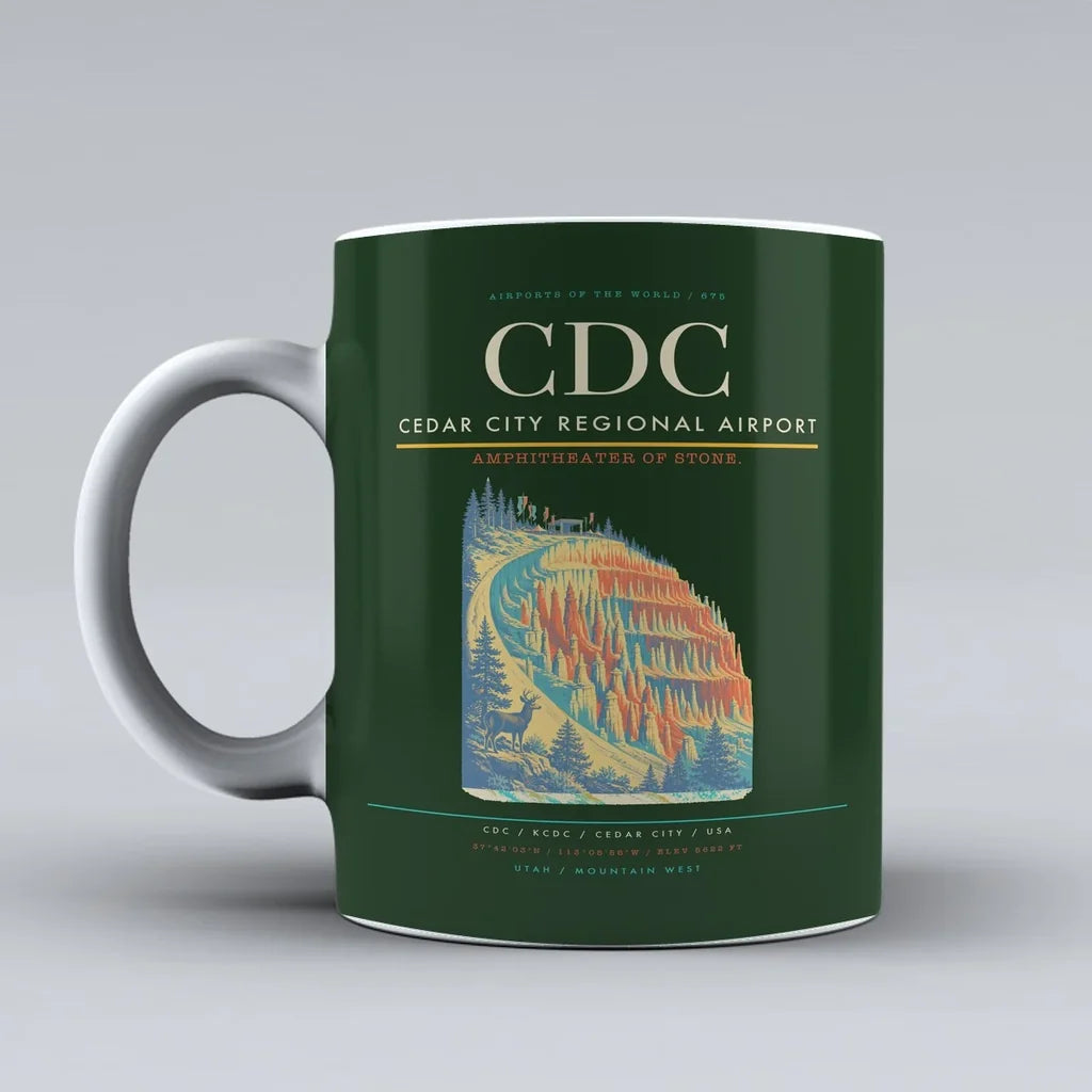 Cedar City Regional Airport (CDC) airport code design on dark green ceramic mug