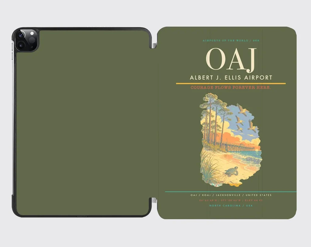 Albert J. Ellis Airport (OAJ) design on green army ipad tablet case