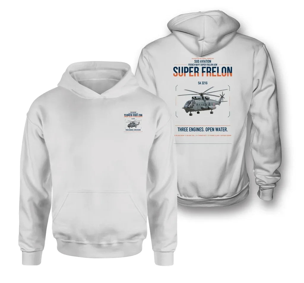 Sud Aviation SA 321G Super Frelon design on white double-side hoodie, double-side print