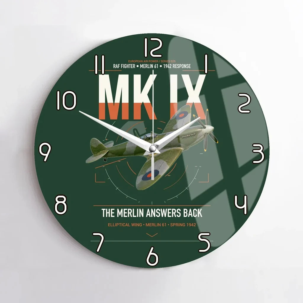 Supermarine Spitfire Mk IX design on dark green no frame wall clock