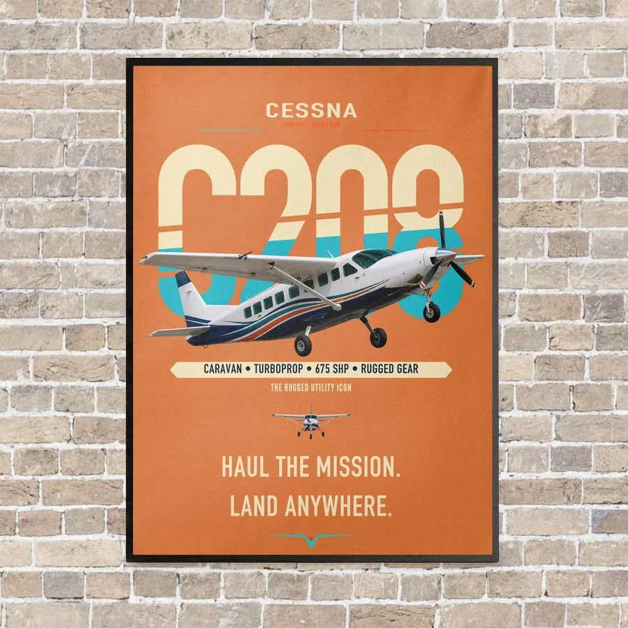 Cessna 208 Caravan vertical canvas print - framed - orange background