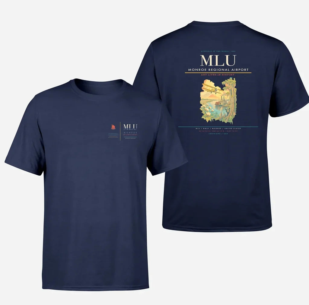 Monroe Regional Airport (MLU) design printed on navy blue double-side t-shirt