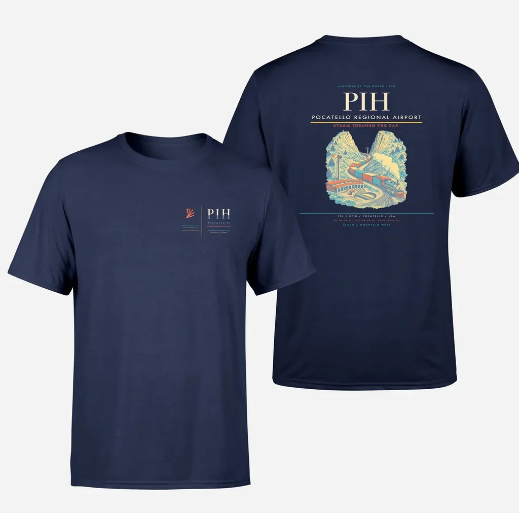 Pocatello Regional Airport (PIH) design printed on navy blue double-side t-shirt