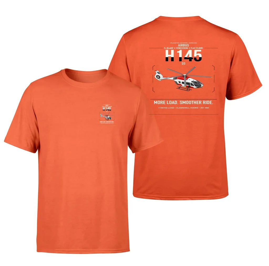 Airbus H145 D3 design on orange t-shirt, double-side print
