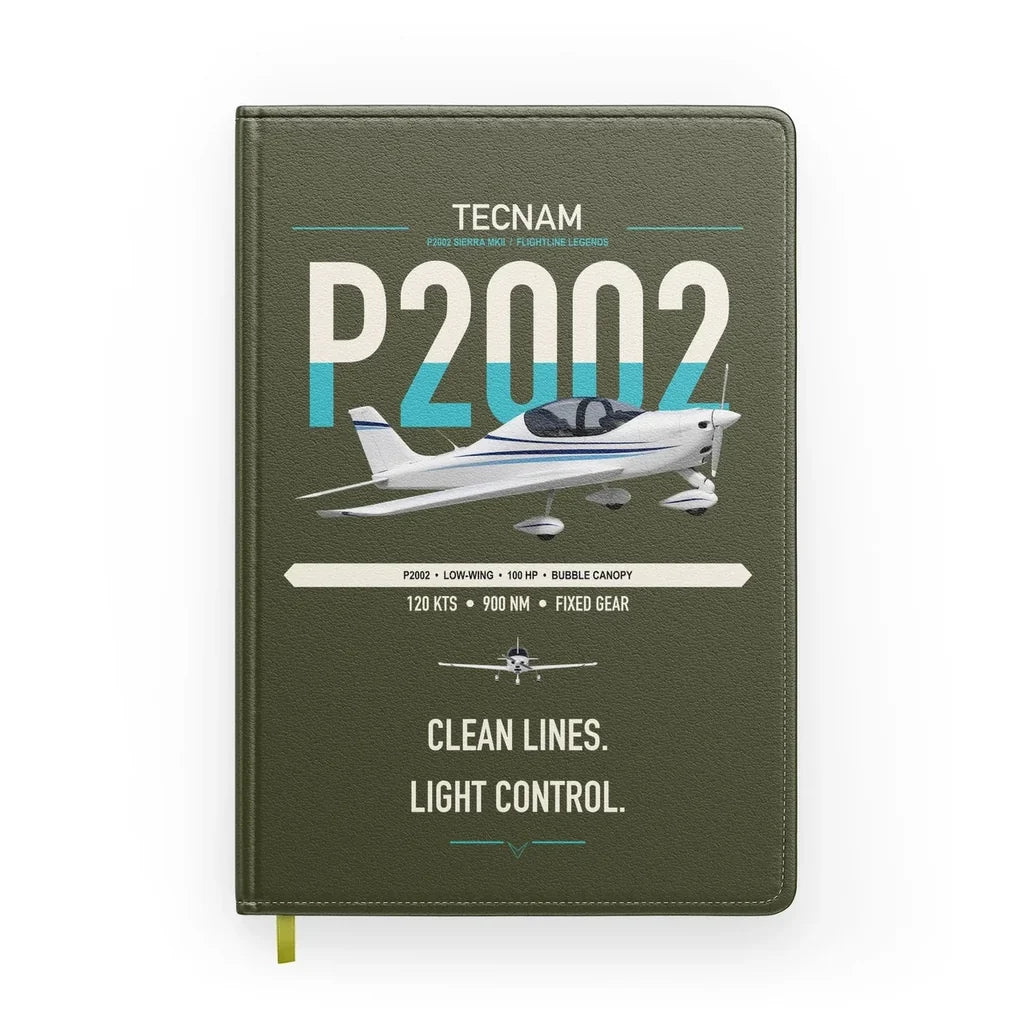 Tecnam P2002 Sierra MkII design on green army notebook
