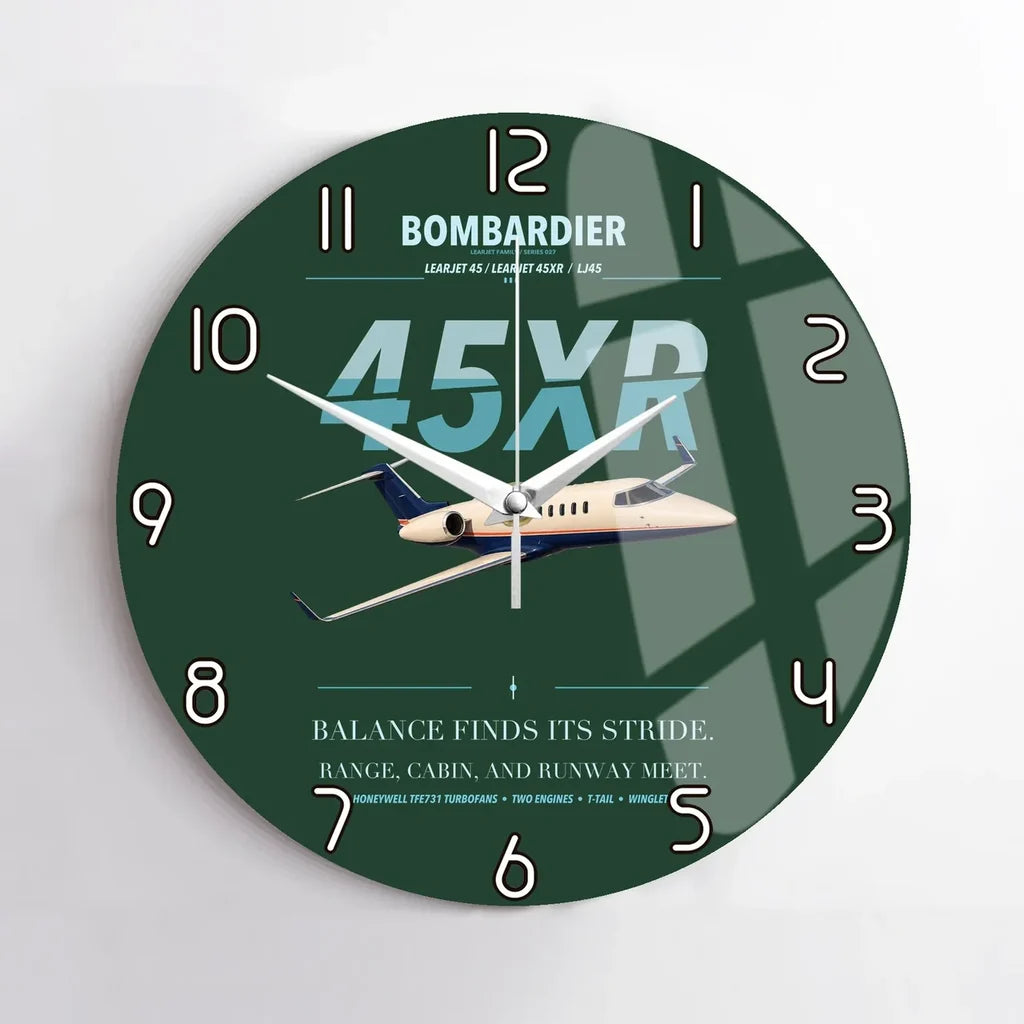 Bombardier Learjet 45XR design on dark green no frame wall clock