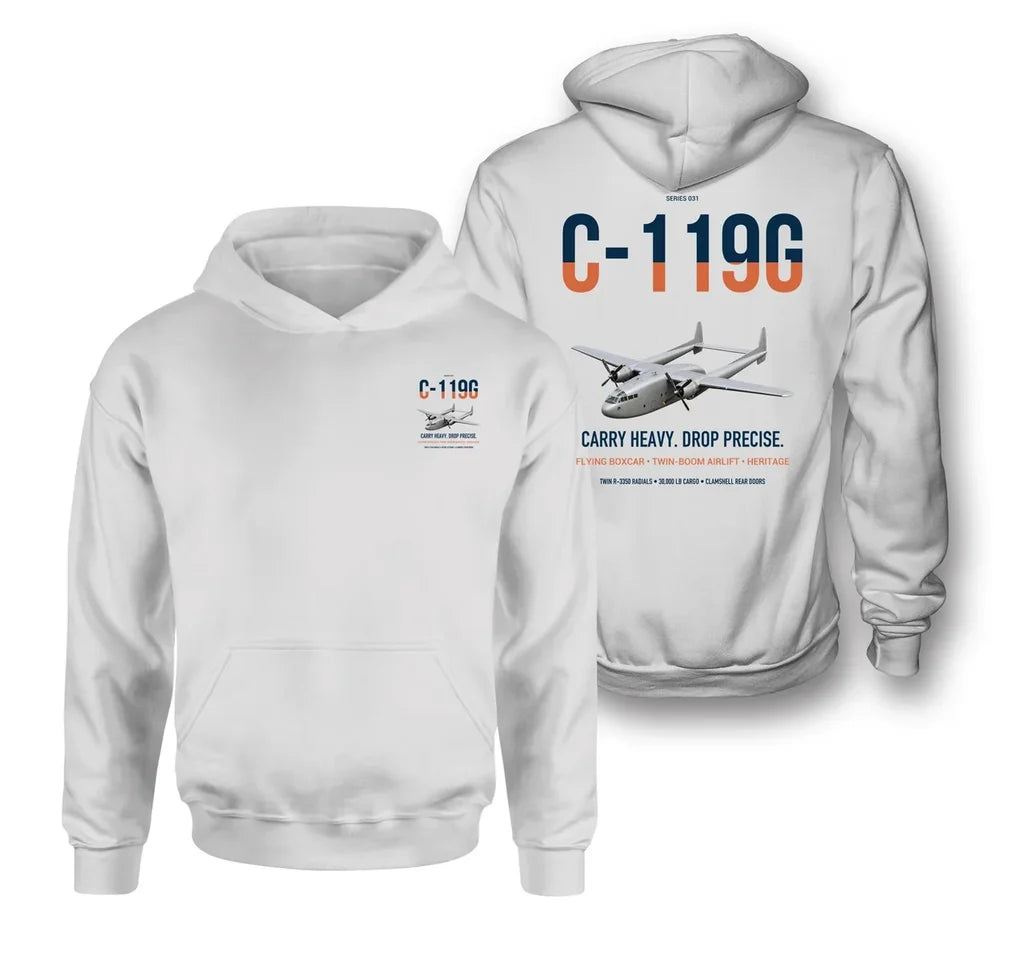 C-119G Flying Boxcar design on white double-side hoodie, double-side print