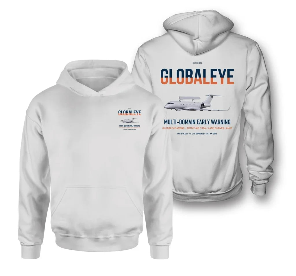 Saab GlobalEye design on white double-side hoodie, double-side print