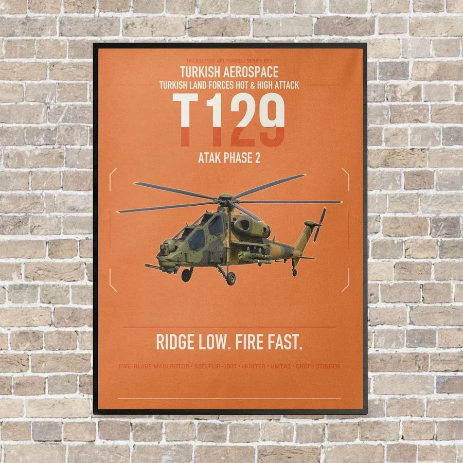 Turkish Aerospace T129 ATAK Phase 2 vertical canvas print - framed - orange background