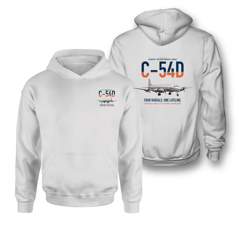 C-54D Skymaster design on white double-side hoodie, double-side print