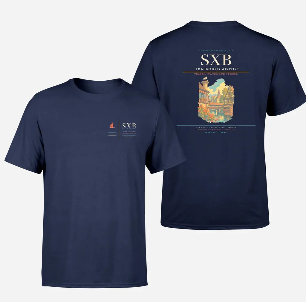 Strasbourg Airport (SXB) design printed on navy blue double-side t-shirt