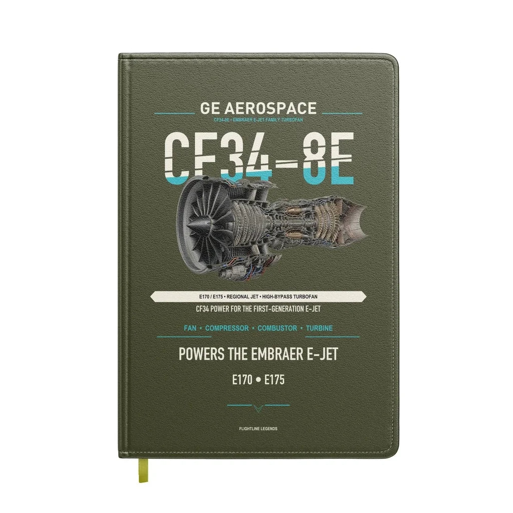 CF34-8E design on green army notebook