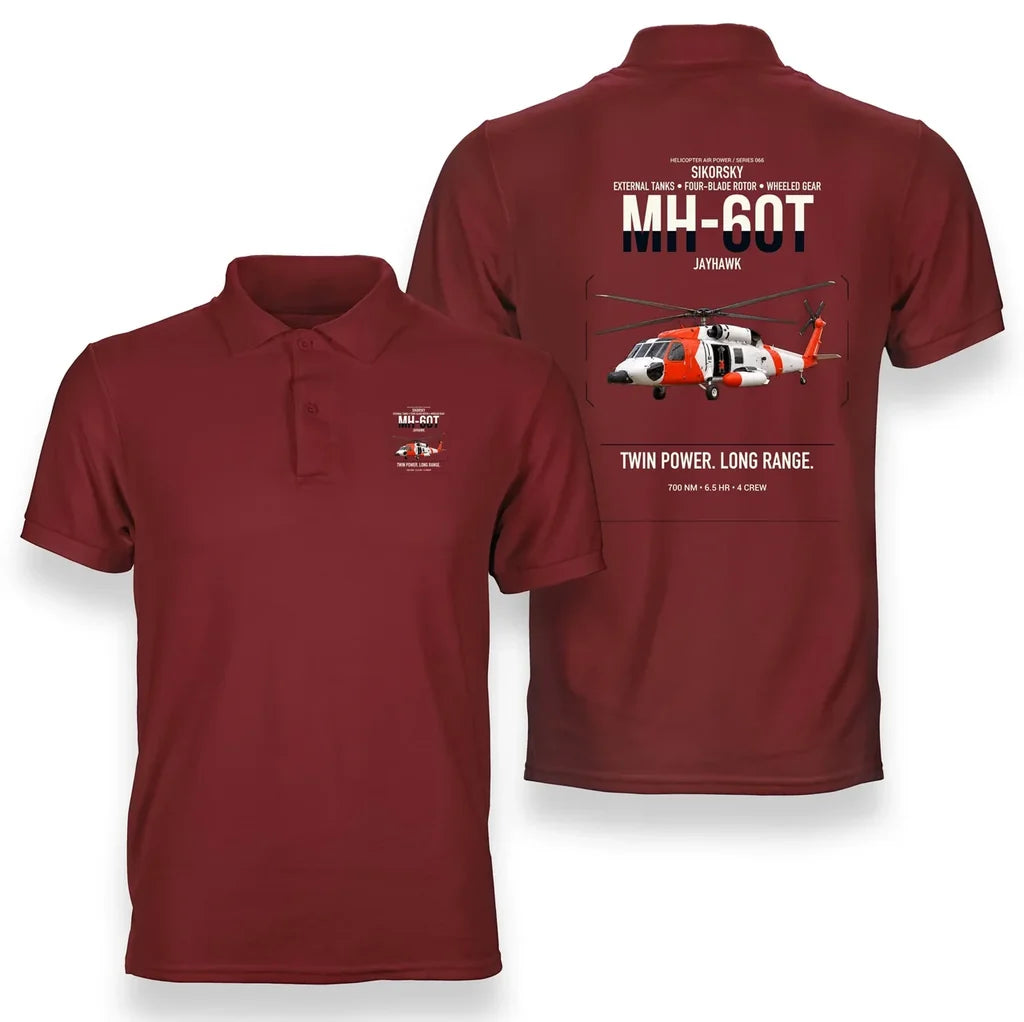 Sikorsky MH-60T Jayhawk design on red double-side polo t-shirt, double-side print