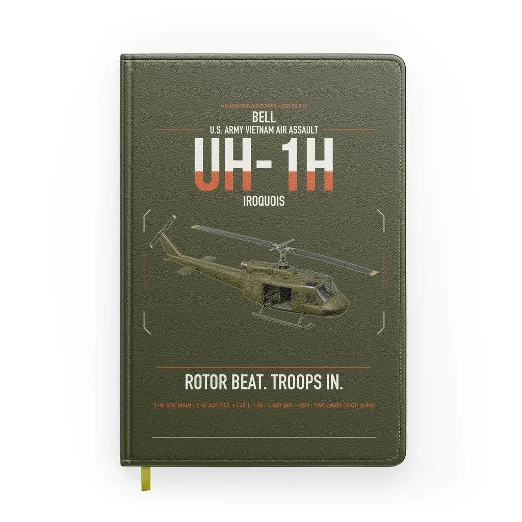Bell UH-1H Iroquois design on green army notebook