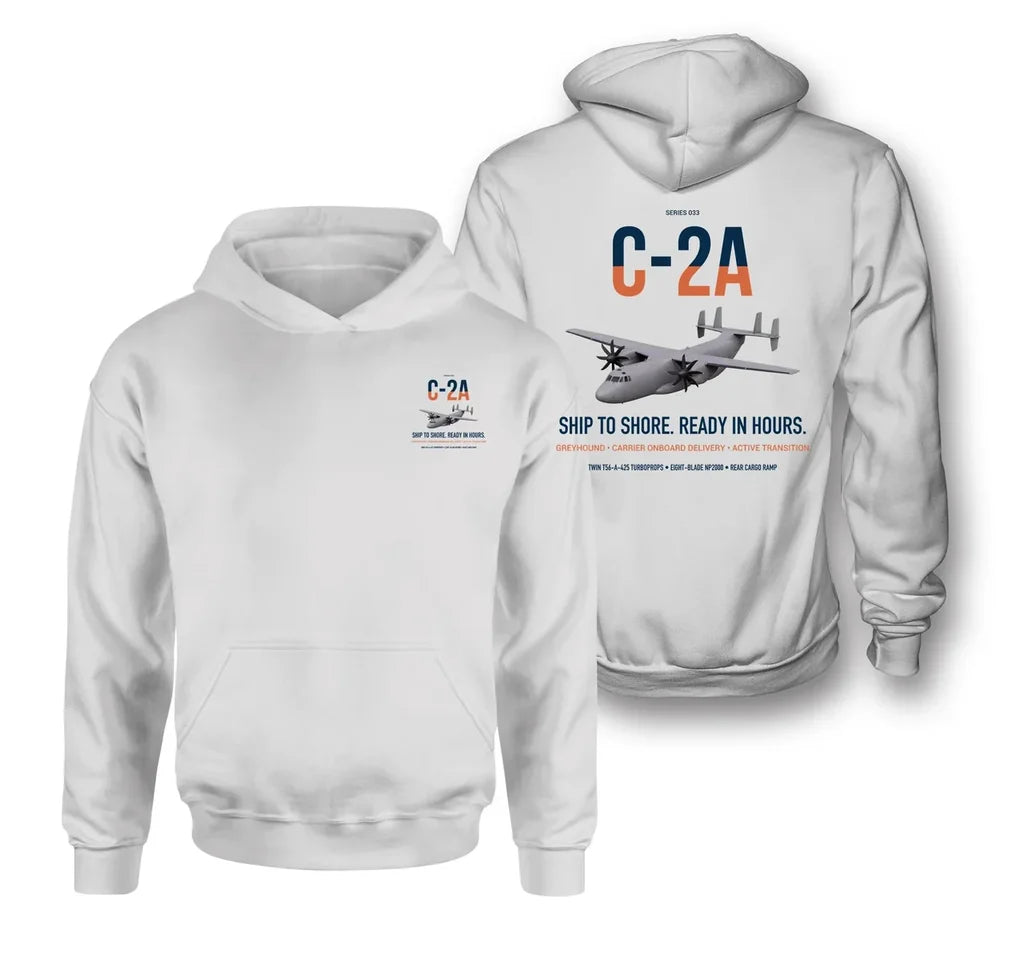 C-2A Greyhound design on white double-side hoodie, double-side print
