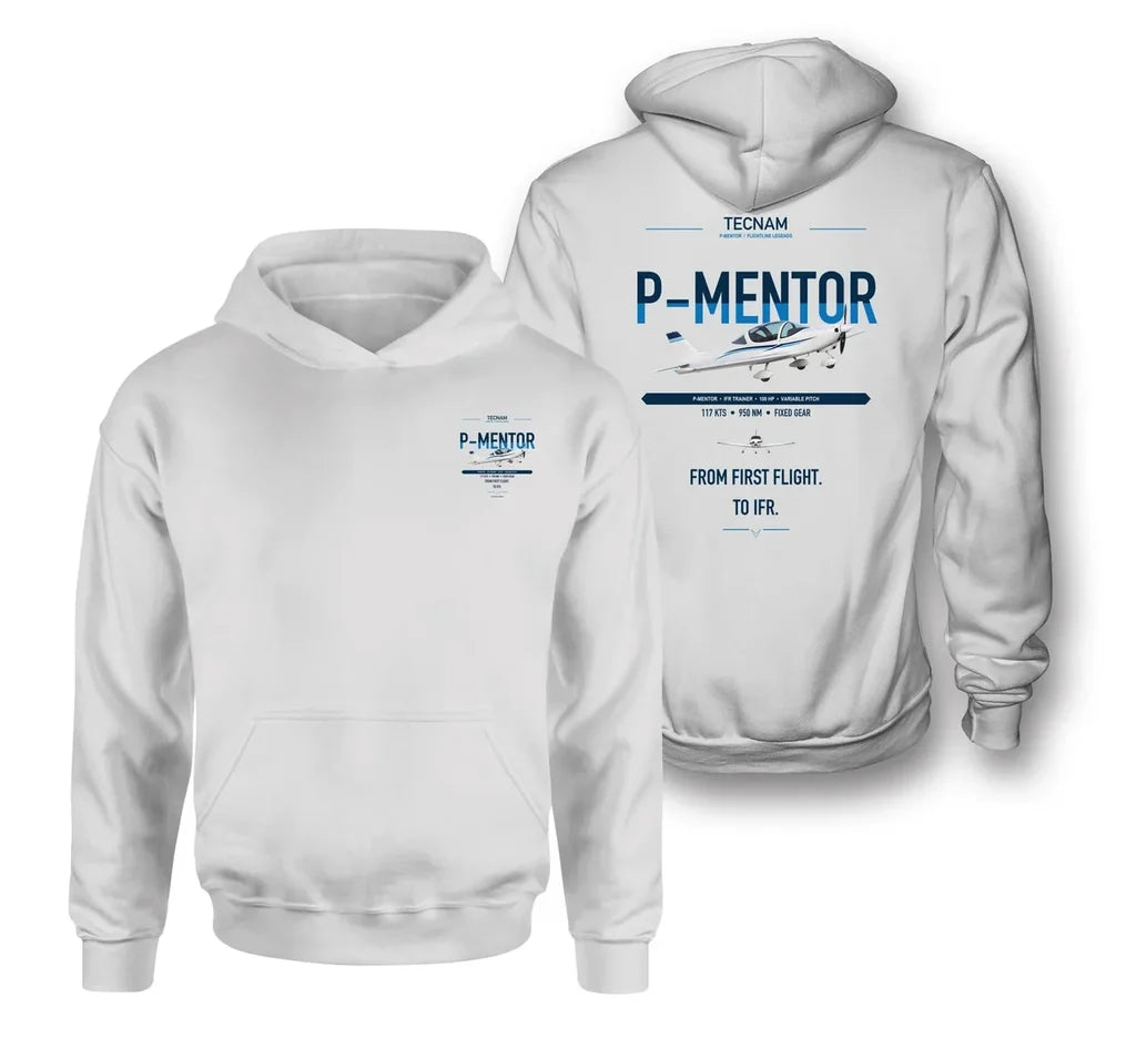 Tecnam P-Mentor design on white double-side hoodie, double-side print