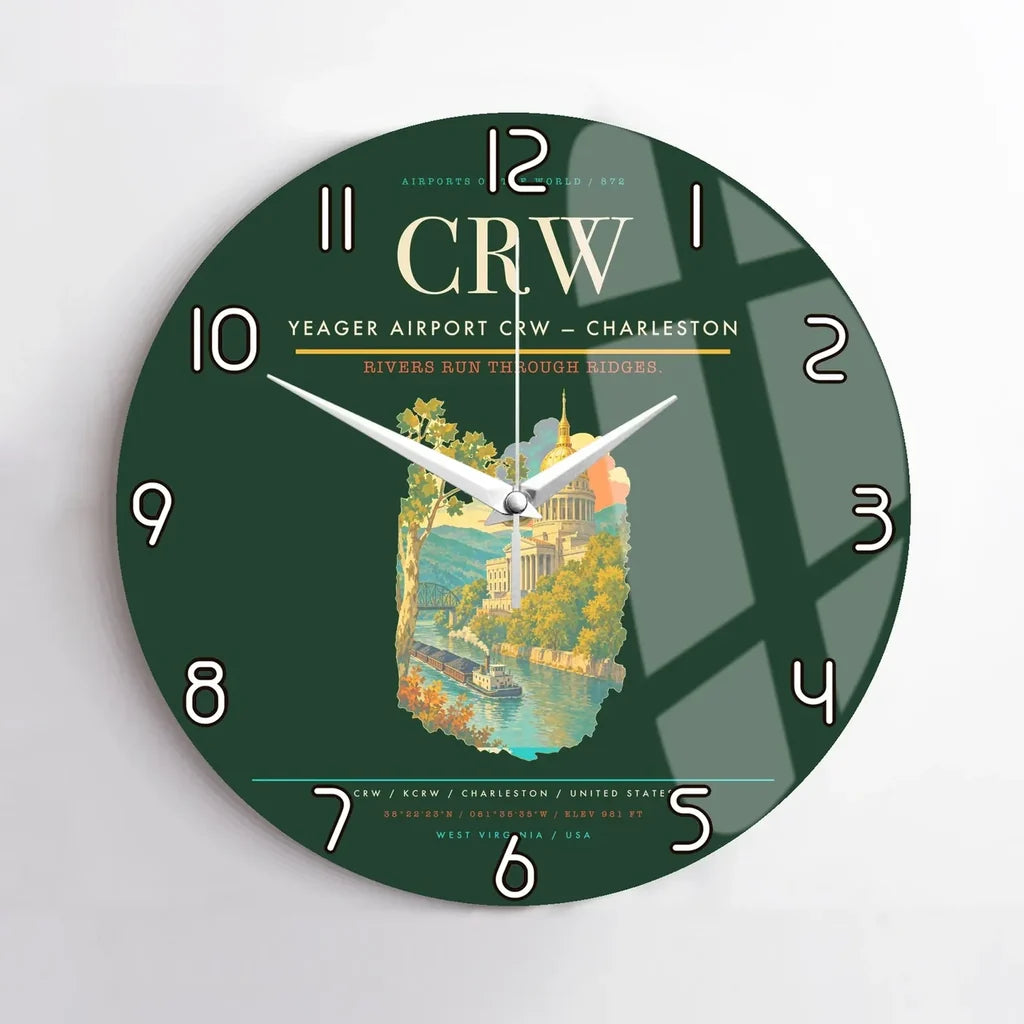 Yeager Airport (CRW) design on dark green no frame wall clock