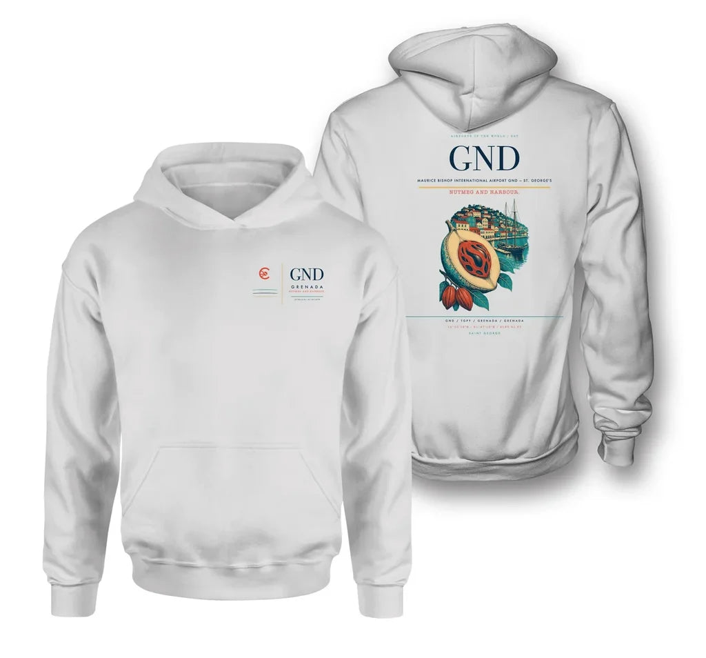 Maurice Bishop International Airport (GND) design on white double-side hoodie
