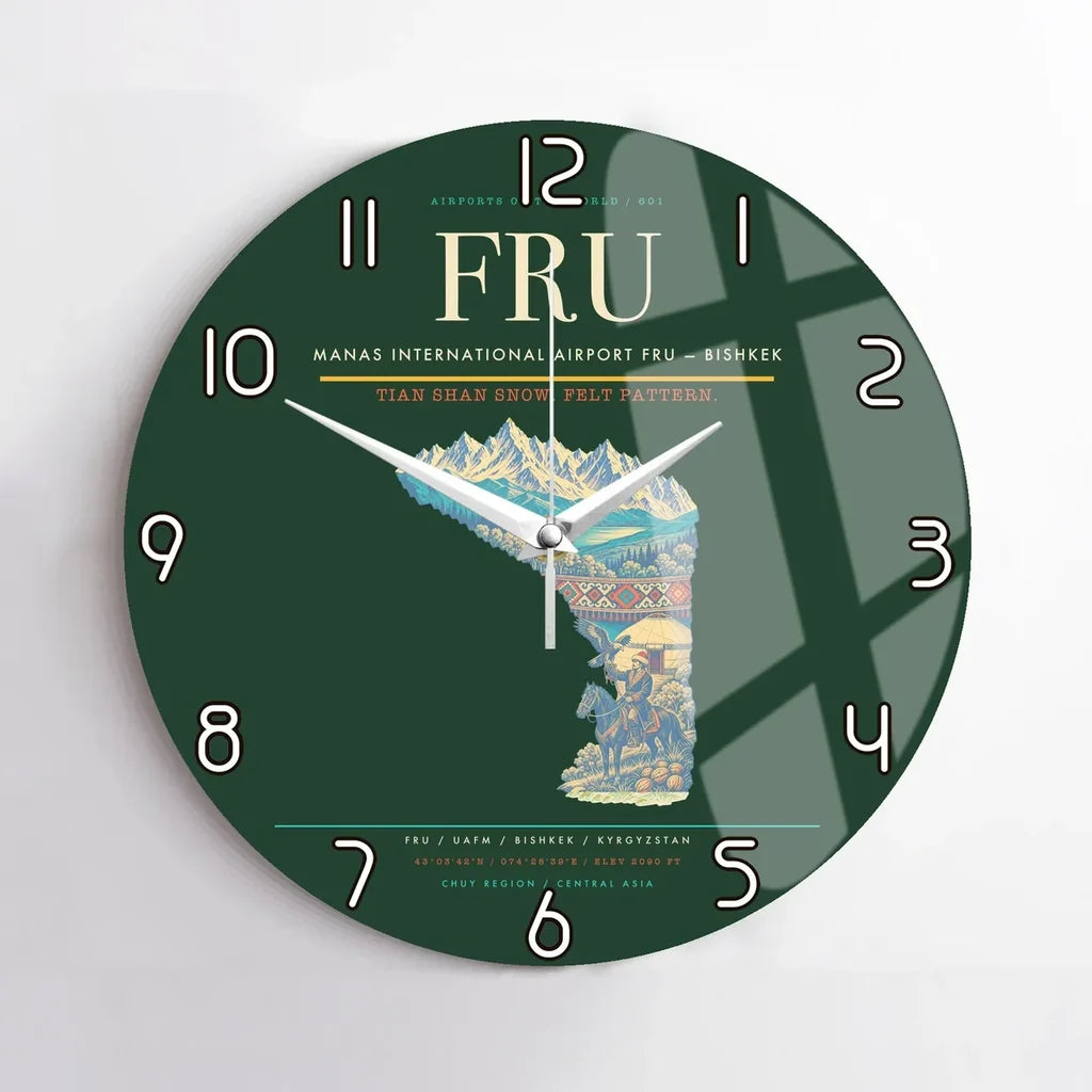 Manas International Airport (FRU) design on dark green no frame wall clock