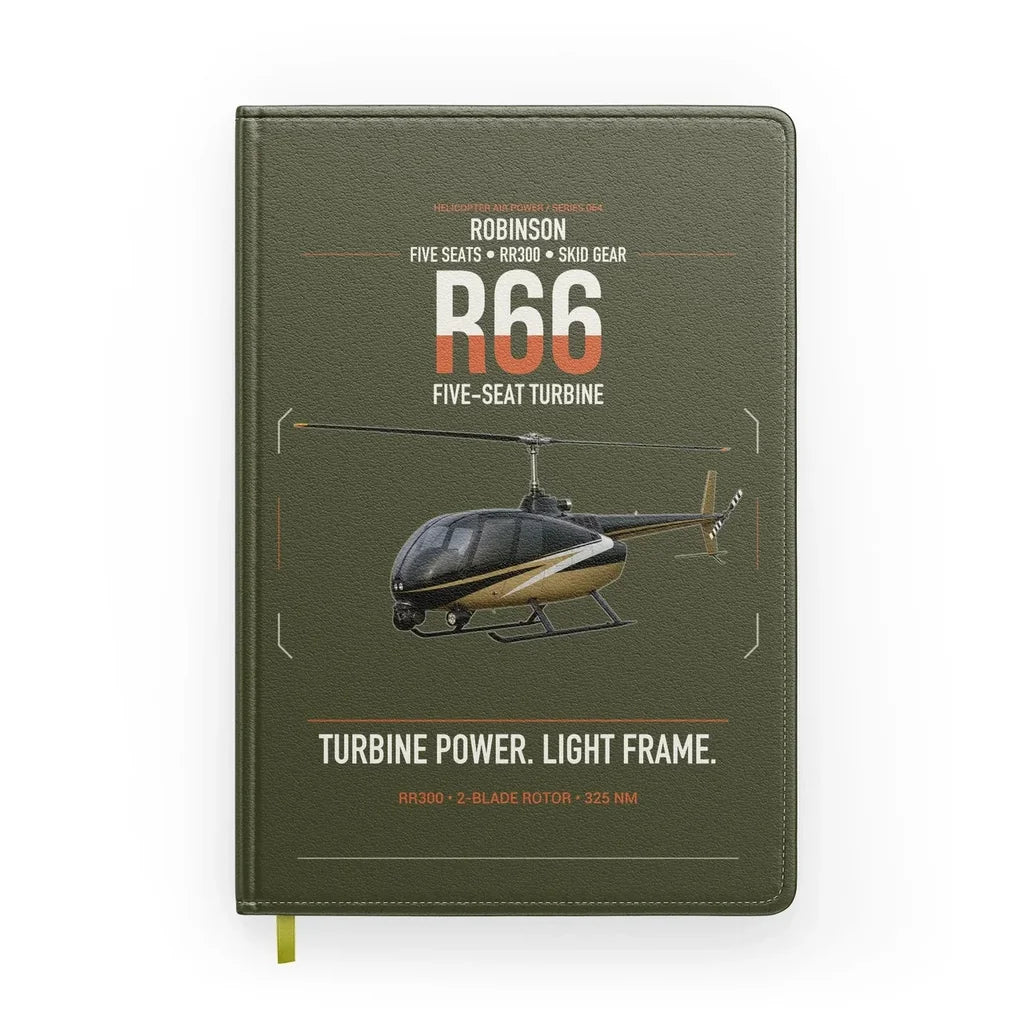 Robinson R66 design on green army notebook
