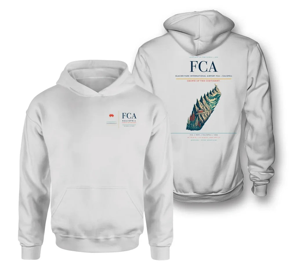 Glacier Park International Airport (FCA) design on white double-side hoodie