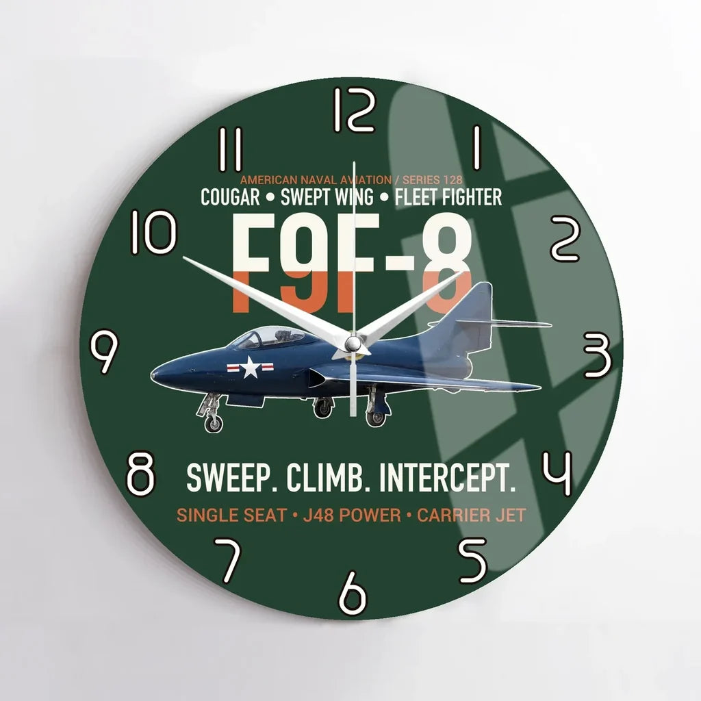 F9F-8 Cougar Swept Wing Carrier Fighter design on dark green no frame wall clock
