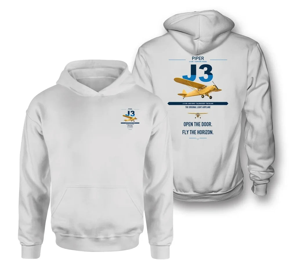 Piper J-3 Cub design on white double-side hoodie, double-side print