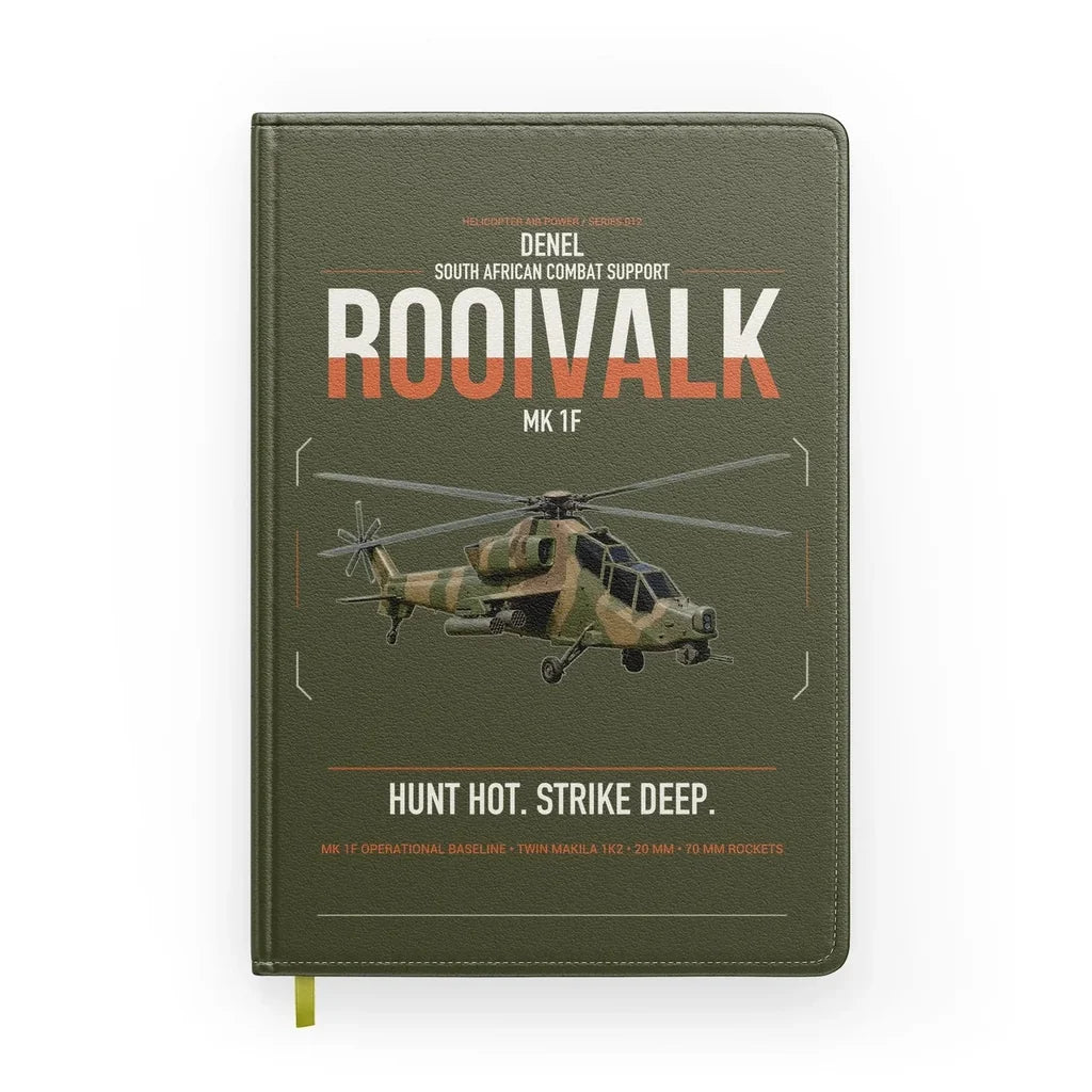 Denel Rooivalk Mk 1F design on green army notebook