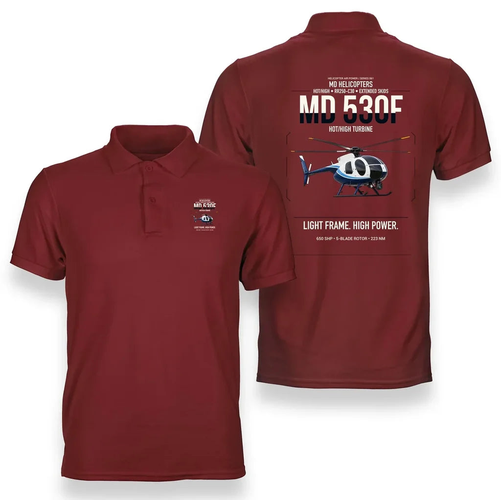 MD Helicopters MD 530F design on red double-side polo t-shirt, double-side print