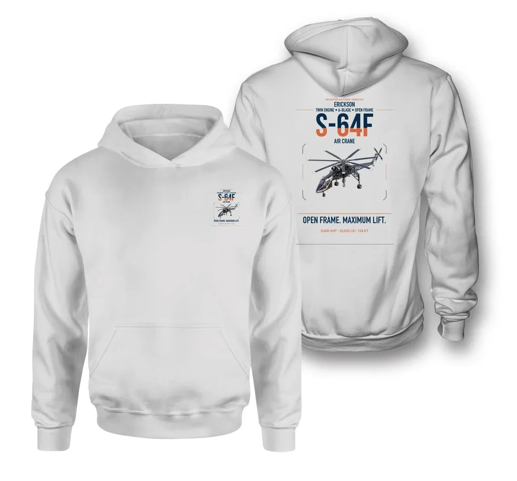 Erickson S-64F Air Crane design on white double-side hoodie, double-side print