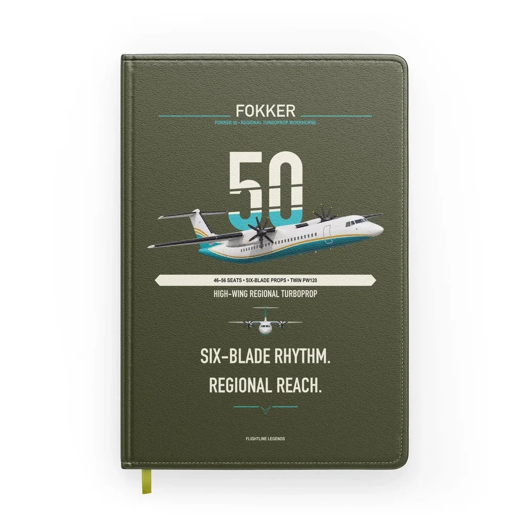 Fokker 50 design on green army notebook