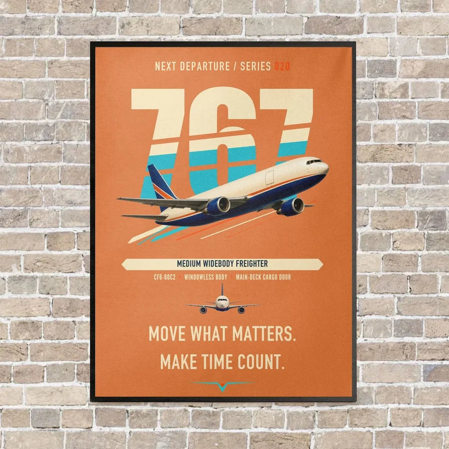 Boeing 767-300F vertical canvas print - framed - orange background