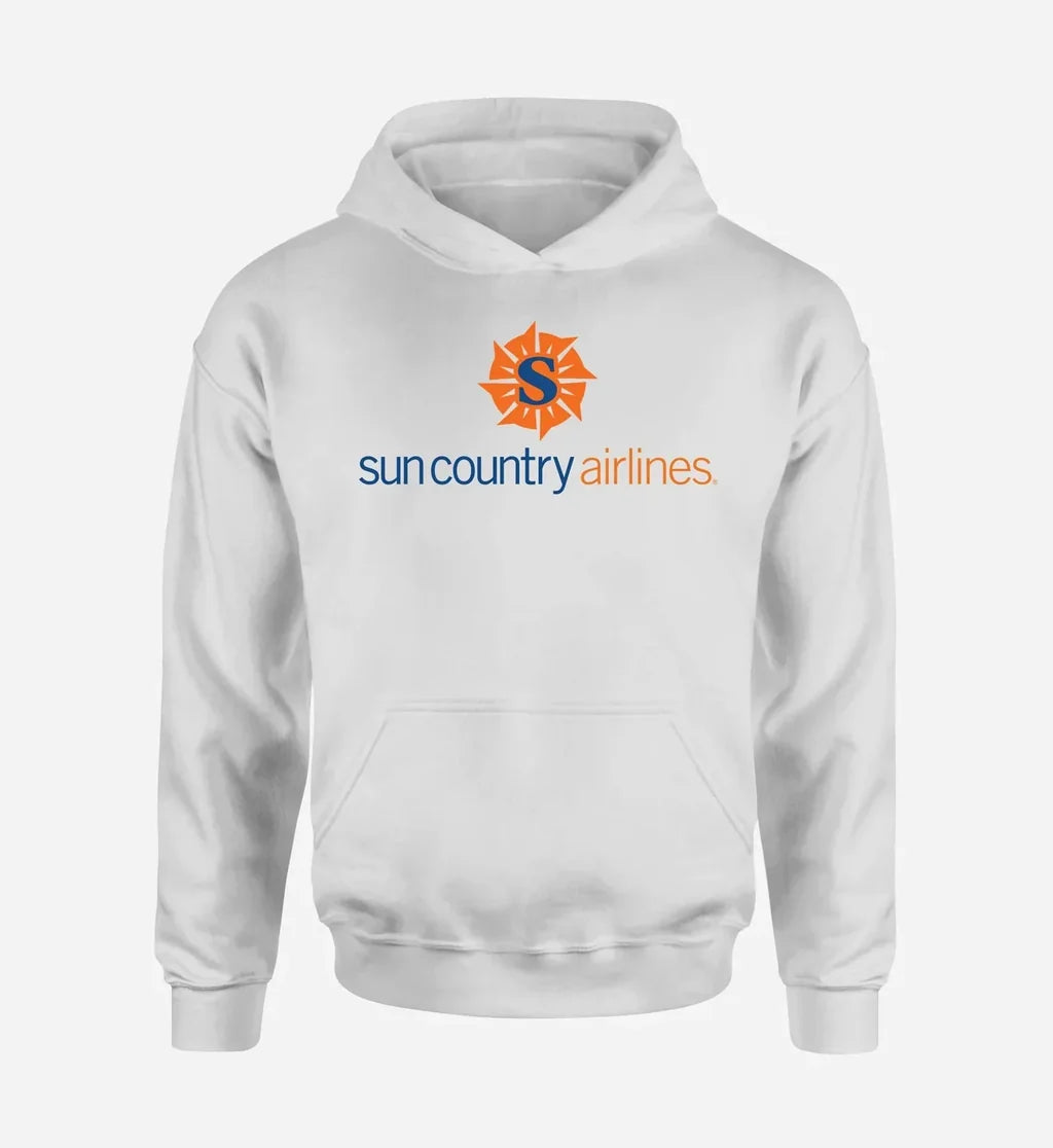 Sun Country Airlines logo printed on white hoodie